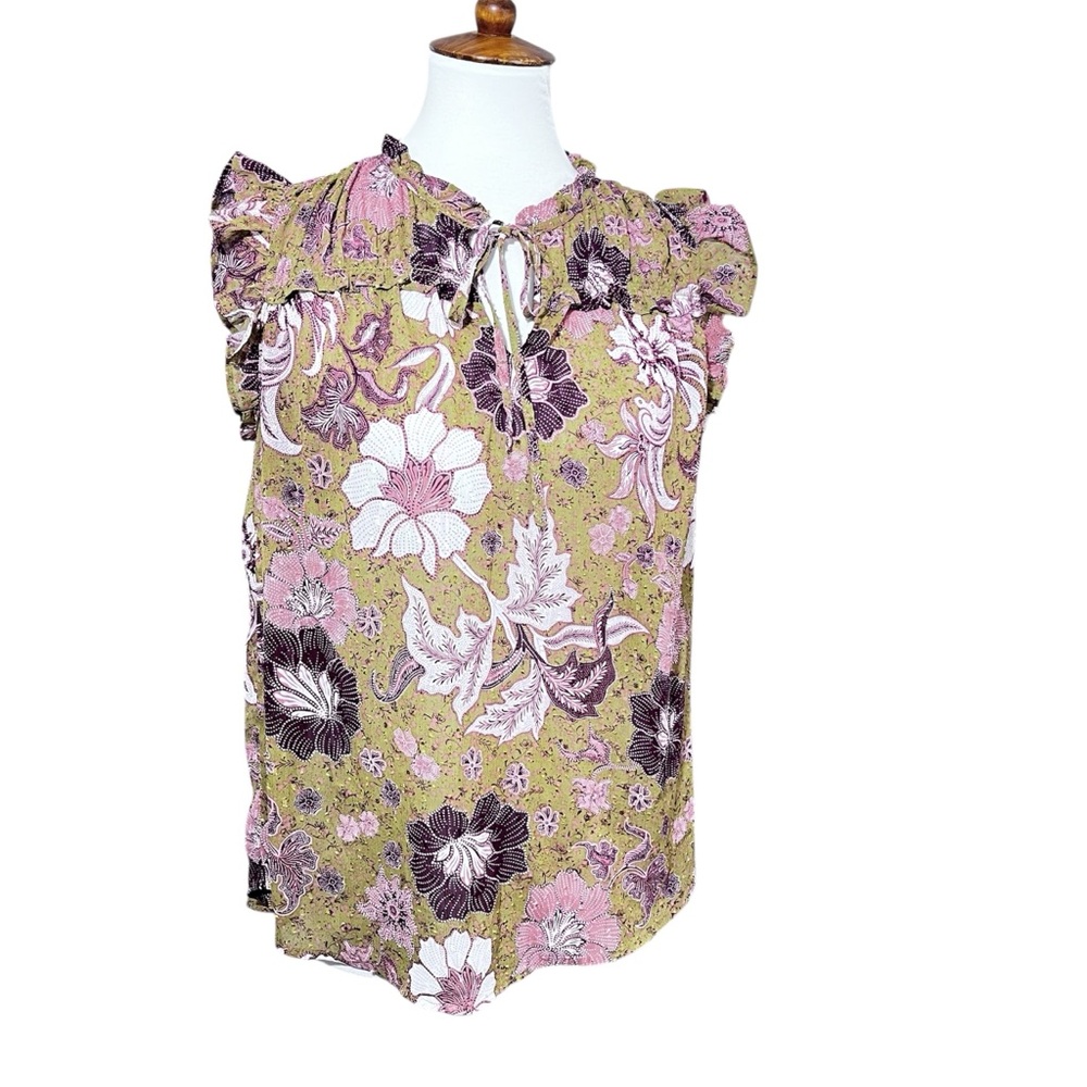 Joie Floral Silk Ruffle Sleeveless Blouse Womens Small Pink Boho Tie Neck